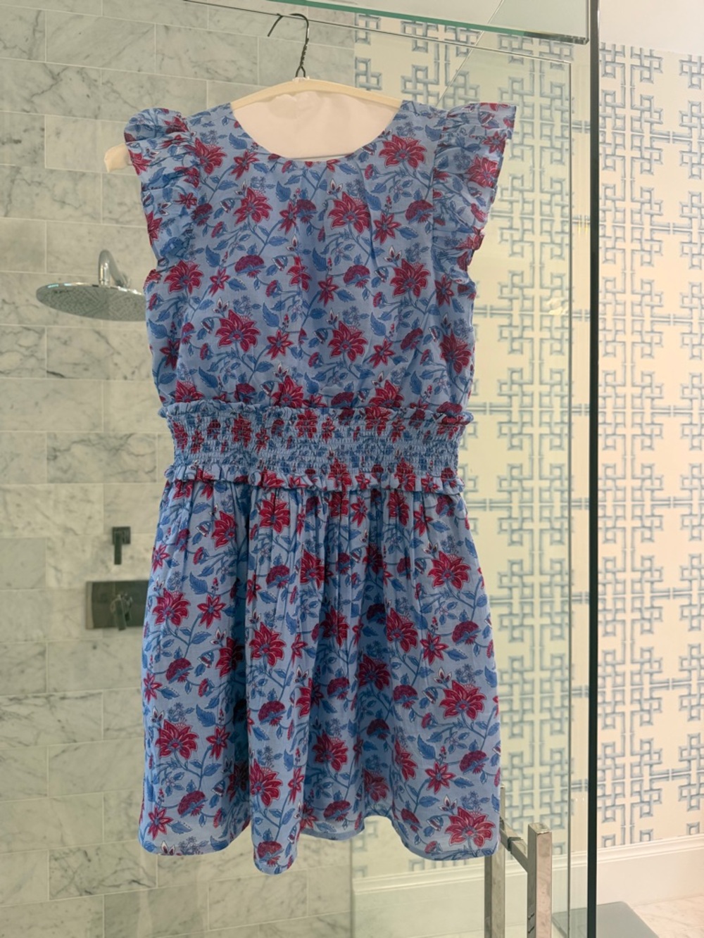 Vineyard Vines Blue Floral Smocked Waist Dress with Pink Flowers